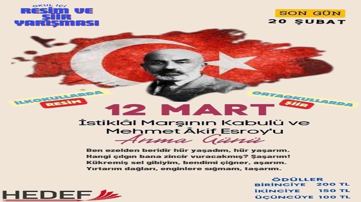 12 Mart İstiklal Marşı'nın Kabulü ve Mehmet Akif Ersoy'u Anma Günü Resim ve Şiir Yarışması
